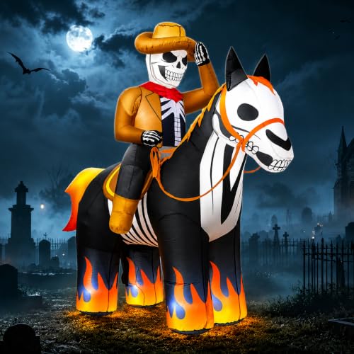 zukakii 7FT Halloween Inflatables Decorations Outdoor Skeleton Cowboy Riding Inflatable Horse Built-in Bright LEDs Flame-Hoofed Western Halloween Blow Up Yard Decoration Blowup for Lawn Party