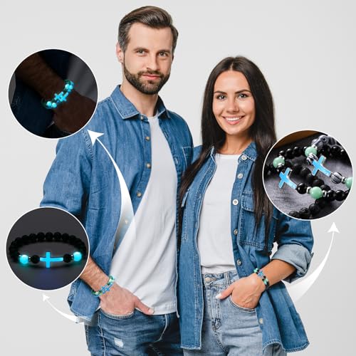 8 Pcs Luminous Cross Bracelet Christian Religion Matching Friendship Bracelet Glow in the Dark Natural Volcanic Stone Wristband Gift for Woman Man Couple Healing Beads Jesus4