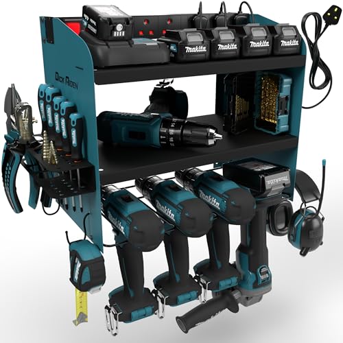 Toolganize Power Tool Organiser, Storage Rack with Power Strip Charging Station, Compatible with Makita, Heavy-Duty for Workshop & Garage Tools - 4 Slot, Makita Blue.
