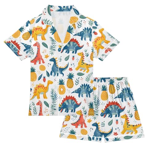 ALAZA Dinosaur Pineapple Strawberry Leaf Pajamas Satin Pajama Set Short Sleeve Button Down Sleepwear