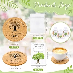 25 sets family reunion favors include a family is a circle of love cork coaster absorbent cork mat with cards and organza gift bags for reunion gathering party gift  urban country home decor