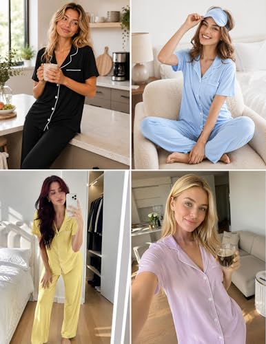Image of ZMJ Womens Pajamas Sets 2 Piece Button Up Pj Sets Short Sleeve with Long Pant