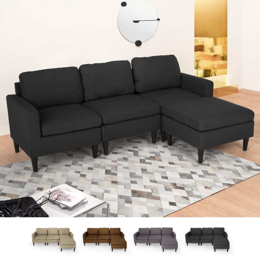 Produce Shop Divano 3 posti braccioli con Pouf in Tessuto Salotto Moderno Elegante Steffy - Nero