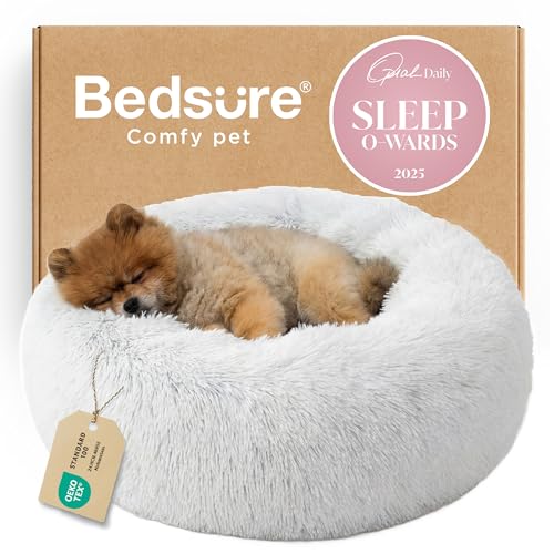 Image of Bedsure Calming Dog Bed for Small Dogs - Donut Washable Small Pet Bed, 23 inches Anti-Slip Round Fluffy Plush Faux Fur Large Cat Bed, Fits up to 25 lbs Pets, Frost Grey