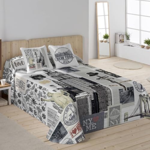 NATURALS - Colcha Bouti Estampada | Cama 150 (250x260 cm) | Microfibra Extrasuave | 2 Fundas de Cojín 50x50 cm | Cubrecama Acolchado a Líneas | Ideal Primavera y Verano | NY Travel