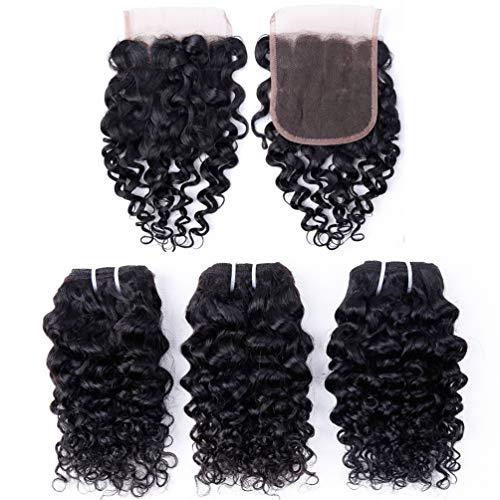 Odir Brazilian Human Hair Water Wave Bundles with Closure Wet and Wavy (10 10 10 + 8) Short Bob Curly Human Hair Ocean Wave Bundles with Closure 50g/Bundle Natural Color …