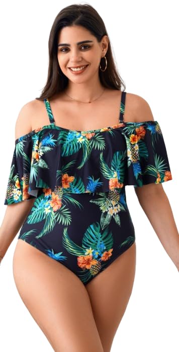 Plus Tropical Print Cold Shoulder Ruffle Trim One Piece Suit-image-47