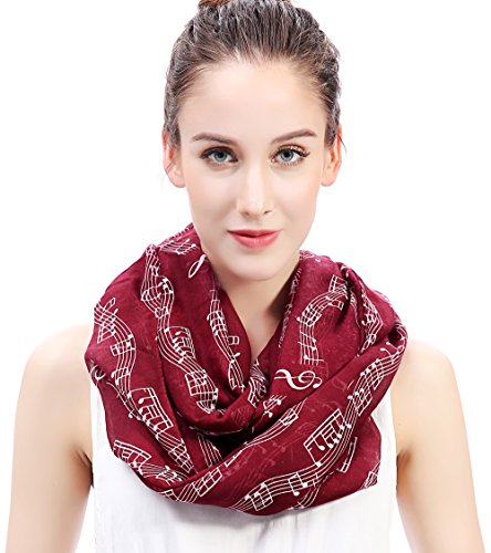 Lina & Lily Bufanda Infinita Snood con Estampado de Notas Musicales (Rojo oscuro)