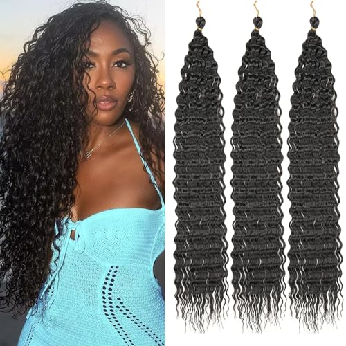 Samtress Ocean Wave Crochet Hair 24 Inch Curly Braiding Hair 3 Packs Deep Wave Crochet Hair Natural Black Wet and Wavy Braiding Hair For Boho Braids Hair Extensions (#1B)