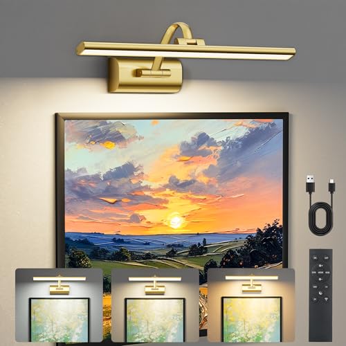 Image of AIFEI 5200mAh Picture Lights for Wall: Up to 48H Artwork Lighting | 6H Fast Charging for Living Room Hallway - Remote Timer Memory - Wireless Installation - 16 Inch - Brass