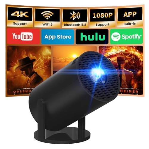 [App intégrée] Vidéoprojecteur 4K 1080P, Mini Projecteur Portable WiFi 6 BT 5.4, Projecteur Full HD 1080P Auto Correction Trapézoïdale Horizontale, Noir