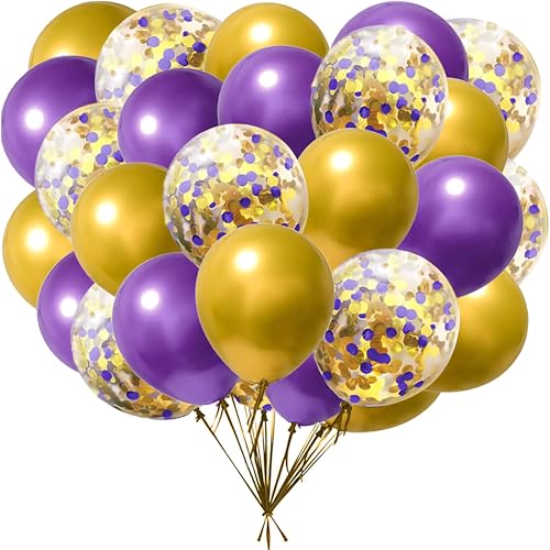 Image of 50Pcs 12inch Purple Gold Metallic Confetti Balloons with Purple Gold Metallic Balloons for Wedding, Birthday, Baby Shower, Halloween,Family Parties Decoration
