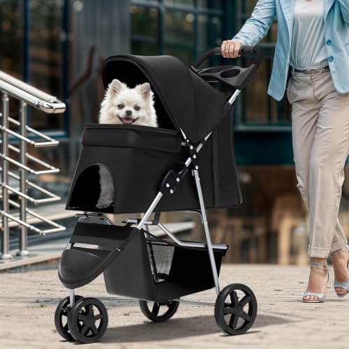 Image of Magshion 3-Wheel Pet Stroller, Foldable Travel Jogger for Small & Medium Dogs & Cats (Up to 33lbs), Lightweight Carrier with Breathable Mesh Cover, Cup Holder & Storage Basket, Black
