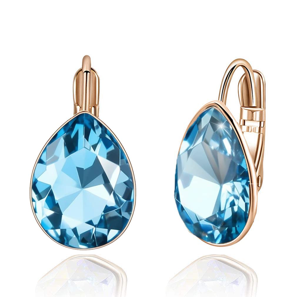 Teardrop Austrian Crystal Leverback Drop Earrings for Women 14K Rose Gold Plated Hypoallergenic Jewelry