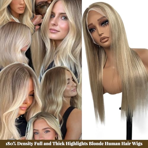 Image of 20 Inch Ombre Lace Front Wig Human Hair #8T18 /60 Ash Brown to Blonde HD Lace Front Wigs Human Hair Pre Plucked Glueless 180% Density Balayage Highlights 13x6 Straight Lace Frontal Wigs for Women
