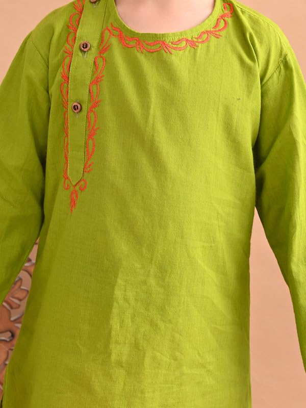 Image of superminis Baby Boy's Handloom Cotton Kurta With Embroidery Around The Neck And Contrast Color Dhoti Clothing Set