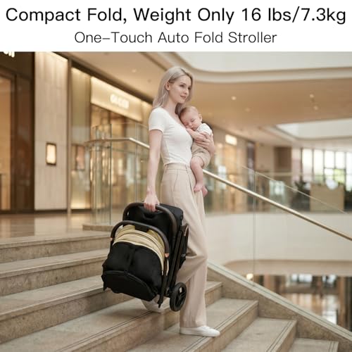 Image of Gromast Gravity Folding Baby Stroller - Portable Travel Toddler Stroller w /Adjustable Backrest, Canopy & Cup Holder, Lightweight and UV Protected, One-Hand Automatic Folding - Beige