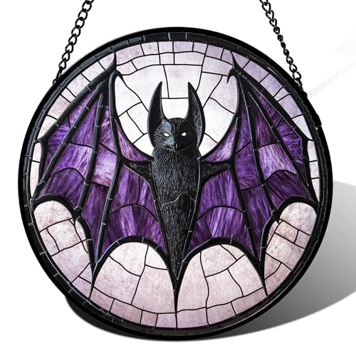 Image of Stained Glass Window Hanging - Halloween Black Bat Purple Wings Monster Suncatcher for Doors Garden Home Spooky Sun Catchers Gothic Decor Horror Gift for Women Men Friend Boy Girl 6.3 in
