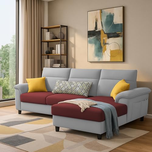 Image of Casaliving Seams RHS 4 Seater L Shape Sofa for Living Room (Maroon Grey Fabric) Premium Fabric Sofa