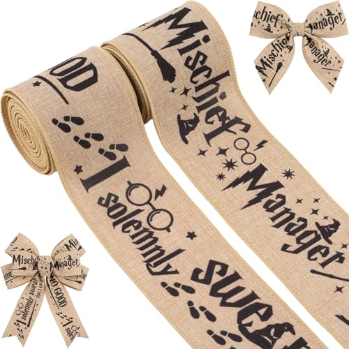 NUVCELKA Wizard Magic Wired Burlap Ribbon 2.5 x 10 Yards 2 Rolls Vintage Text Print I Solemnly Swear Theme for Christmas Gift Wrapping Wreath Bow Making DIY Crafts Tree Decor
