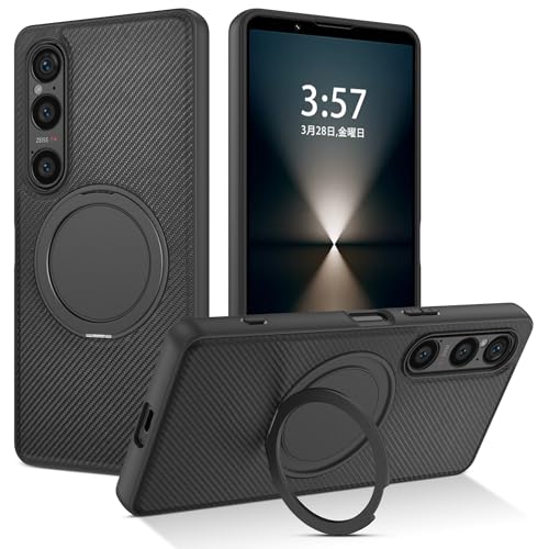 BENTOBEN Xperia 1 VI ケース SO-51E | SOG13 ケース MagSafe対応 360°回転スタンド 縦横両対応 カーボン風デザイン 耐衝撃 マグネット内蔵 車載スマホホルダー対応 ストラップホール付き エクスペリア1 VI スマホケース カバー ブラック