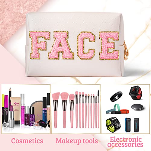 Y1Tvei Preppy Patch Face Letter Cosmetic Toiletry Bag Pu Leather Portable Makeup Bag Sewn With Chenille Varsity Letter Patches Waterproof Zipper Pouch Travel Organizer For Women Girls Teen(Shell Gold) #TOP2