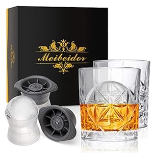 Whiskey Glasses Set of 2 Rocks Glasses & 2 Ice Molds, Lowball Bourbon Glass with Gift Box,10oz Cocktail Old Fashioned Glasses for Cognac Scotch Liquor Whisky, Whiskey Valentines Day Gifts for Men