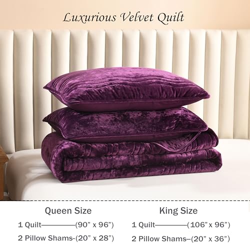 Image of Velvet Quilt, Purple King Size Comforter Set, Luxury Bedding,Soft Plush King Bedspread, Machine Washable Coverlet,All-Season 3 Pieces
