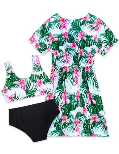 Swimsuit for Girls 8-9 Years Old 3 Piece Green Pink Flower Cover-up Bikini Bathing Suits with Sun Protection2