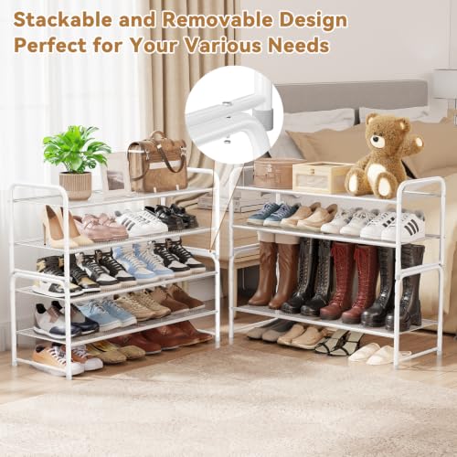 Image of 2 Tier Shoe Storage Rack with Steel Mesh Shelves for Entryway, White | 33 Inch Wide, Sturdy Metal, Stackable & Adjustiable Shelf Height, Easy Assembly