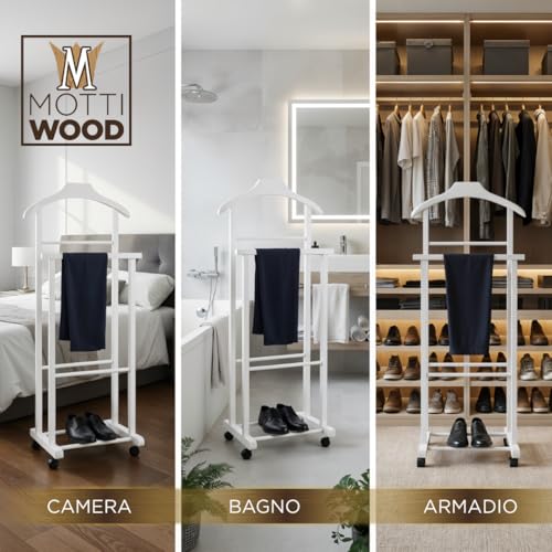 Mottiwood Indossatore Bianco, L'originale, Appendiabiti Da Camera, Legno Faggio, Servo Muto Doppio Con 4 Ruote, Made In Italy - 4