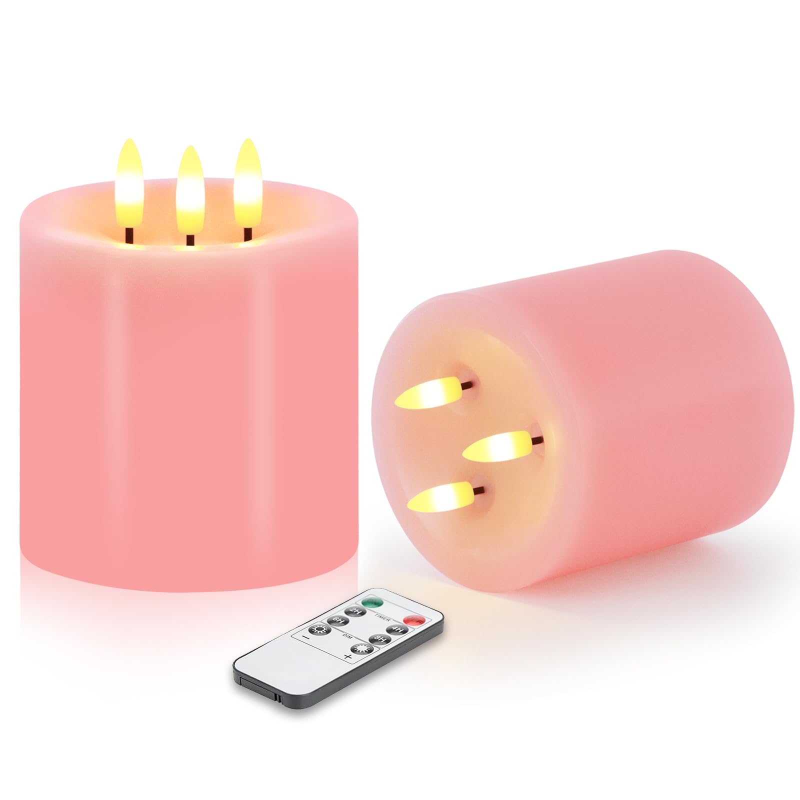 VEEKI Large 3 Wick Flameless Candles, 4"x4" Flickering Flameless Candles with Remote & Timer, Dimmable Real Wax LED Candles Battery Operated, Electric Pillar Candles for Xmas Home Decor (Pink 2PC)