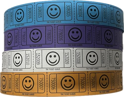 Tickets de tombola en rouleau The Ticket Gurus souriant violet blanc orange bleu