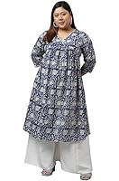 XL LOVE - By Janasya Women's Plus Size Navy Blue Cotton Floral Printed Flared Kurta(PJNE3910-KR-5XL)