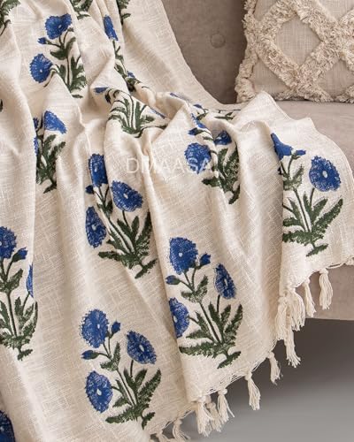 Image of Floral Cotton Throw Blanket - 50x70 Inch Handblock Print Sofa Throw - Boho Fringe Decorative Blanket for Couch, Bed & Living Room - Diwali Gift, Rakhi Gift for Sister (R-HBTH00114)