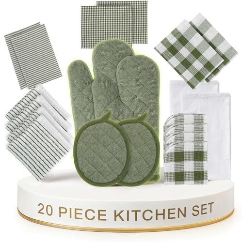 Image of LANE LINEN Kitchen Towel and Pot Holder Sets 20 Pc - Eco Friendly Reusable Cotton Dish Towels, Soft Flour Sack Tea Towels, Absorbent Kitchen Hand Towels, Heat Resistant Oven Mitts for Cooking - Olive