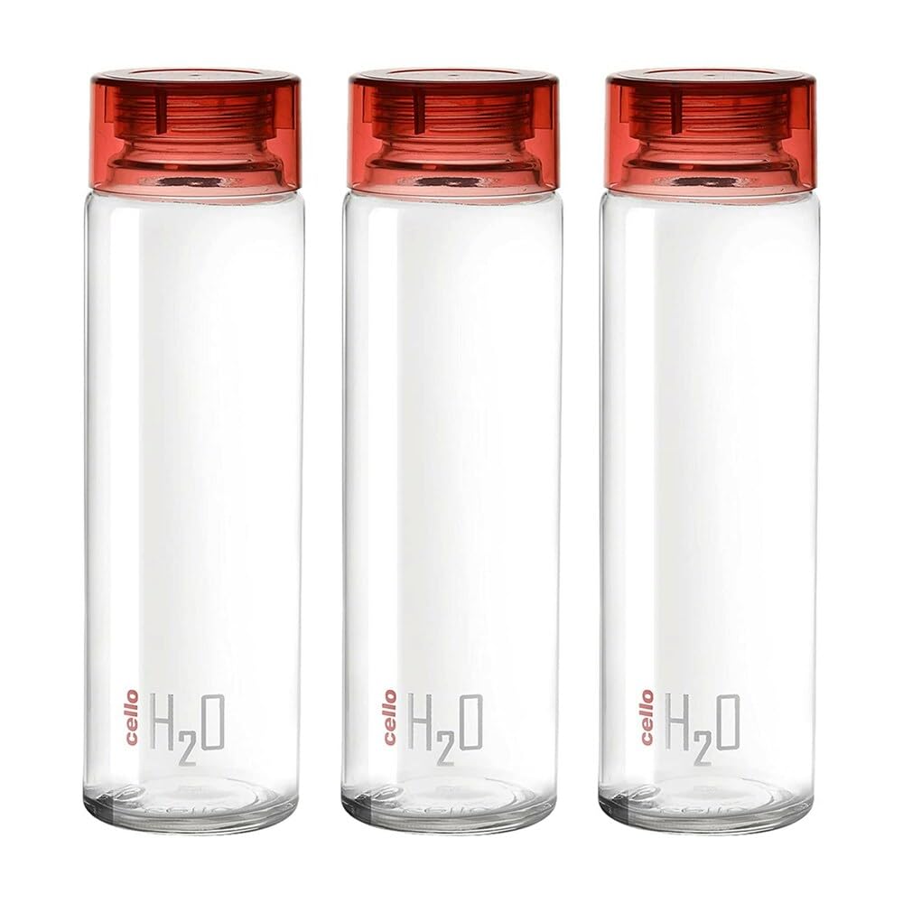 CELLO H2O Glass Water Bottle Set of 3 Pcs for Office & Daily Use 920 ml, Red | Durable Freezable & Fridge Safe, Leakproof Wide Mouth Leadfree Toughened Glass Water Bottle For Kitchen & Travel