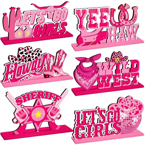 Image of CroBlissful 6 Pcs Western Cowgirl Party Decorations Wooden Let's Go Girls Table Centerpieces Pink Disco Cowgirl Table Decor for Western Girl Birthday Bachelorette Spring Rodeo Party Supplies
