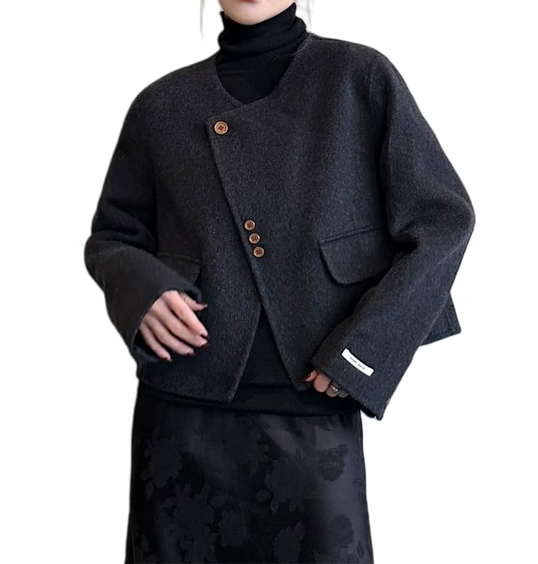 Women's 100% Wool Double-Sided Short Pea Coat - Collarless, Solid Colors