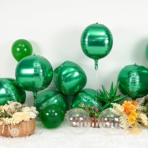 Image of 9 Pcs Green Round Foil Balloons,22 Inch Metallic Green Round Balloons | Giant 4D Round Ball Balloons Green For St Patrick's Day Birthday Baby Shower Jungle Safari Party Decorations