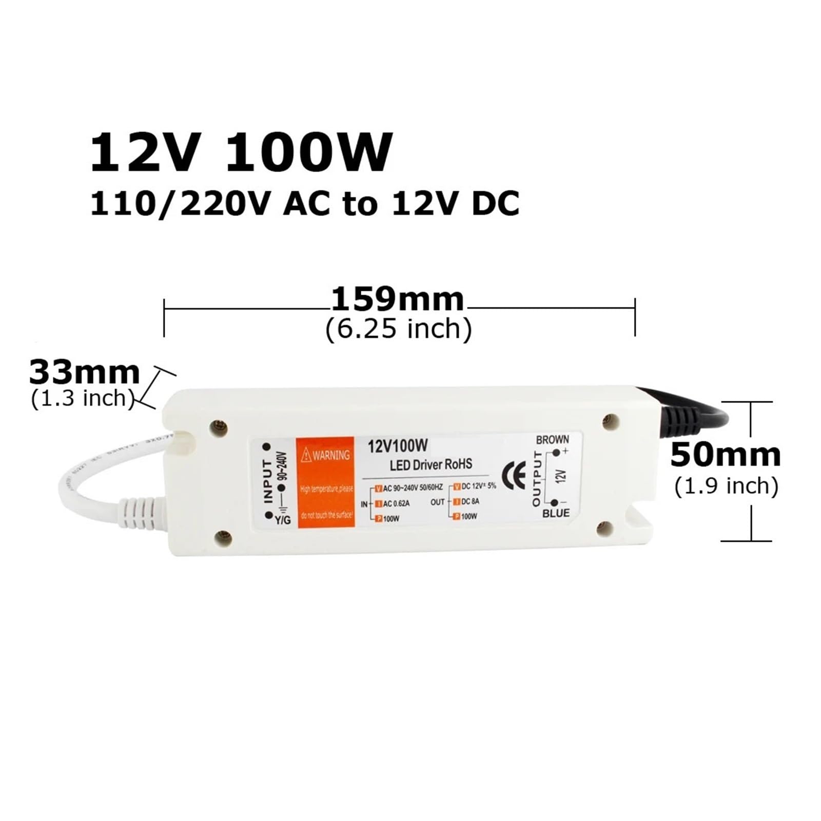 Adaptador de controlador LED de fuente de alimentación de 5V 12V 60W 72W 100W CA 110V 220V a CC 5V 12V 6A 8A 12A 20A Transformador de luz de tira LED Atenuador LED de cable de 2 pines(12V 8A 100W)