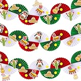 MotiMind Guirnalda de abanico de papel mexicano de 21 pies, guirnalda de abanico de papel rojo, verde y blanco, decoraciones de México, decoraciones de fiesta temática mexicana, decoraciones de fiesta