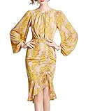 Shineflow Women's Cocktail Dress Floral Lantern Long Sleeve Crewneck Drawstring Ruched Fishtail Ruffle Hem Mini Dresses (Yellow,L)