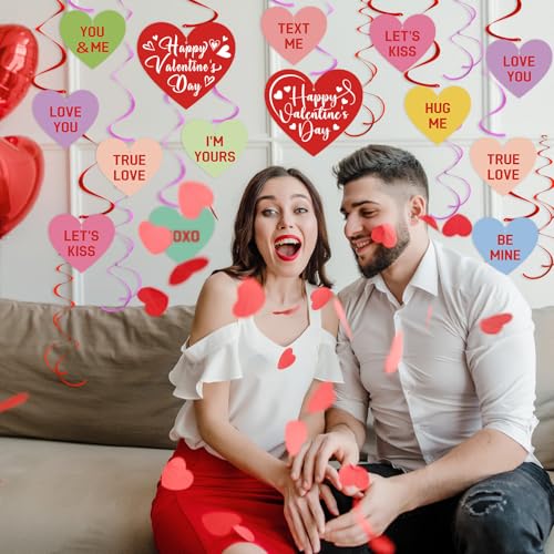 Image of 54Pcs Happy Valentine's Day Hanging Swirls Party Decorations Conversation Hearts Candy Hanging Swirls Banner Garland for Anniversary Valentines Day Home Office Classroom Decorations
