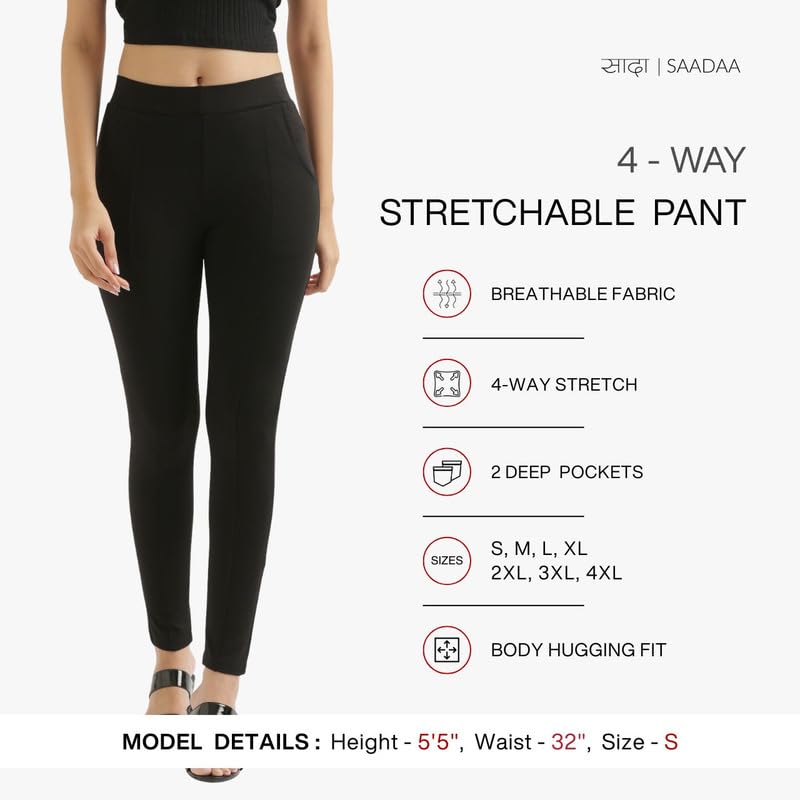 Image of SAADAA Women's Regular Fit High Rise 4-Way Stretchable Pants Yoga, Formal, and Regular Skinny High Waist Leggings 2 Deep Pockets Elastic Waistband Durable Interlock Stitching