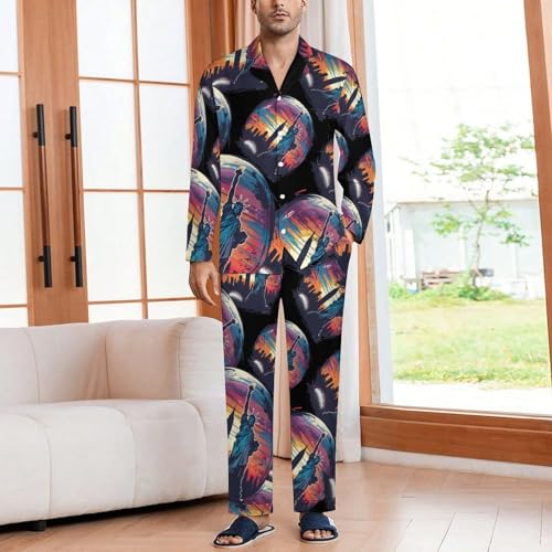New York City Skyline Baseball Men Pajamas Set Sleepwear Long Sleeve Pajama Tops And Pants Loungewear PJS2
