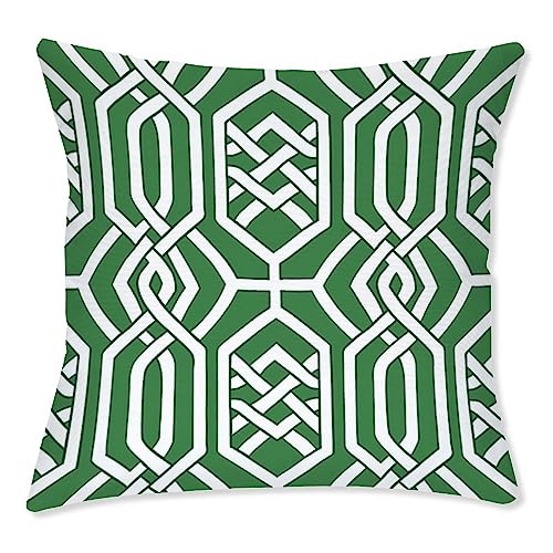 WoGuangis Peacock Green Geometric Stripes Waterproof Sofa Cushion Cover Set of 2 Imperial Trellis Geometric Green Outdoor Sofa Pillow Cover Modern Canvas Accent Pillow for Garden Patio 20in