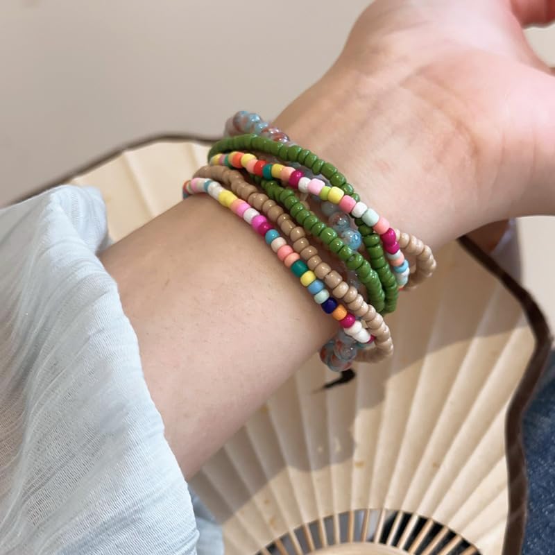 Caiyao 6/7Pcs Colorful Bohemia Stackable Seed Bead Bracelets Handmade Multilayer Rainbow Elastic Beaded Stretch Bracelet Anket Rainbow Vacation Bangle for Women Summer Beach Boho Jewelry Gifts - Image 3