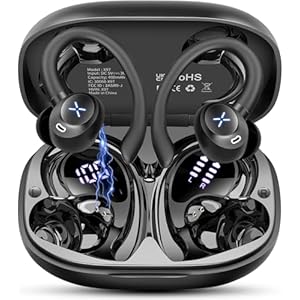 Wireless Earbuds, 50H Bluetooth Ear Buds with Noise Cancelling Mic, Stereo Deep Bass with Earhooks Fast Charging Digital Display IP7 Waterproof Earphones for Running