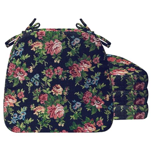Image of AAAAAcessories D-Shaped Chair Cushions, 2 inch Thick Dining Chair Pads with Ties and Removable, Machine-Washable Cover, 17 inch x 16 inch, Set of 4, Night-Blooming Blossoms